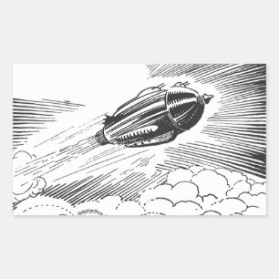 Vintage Science Fiction Spaceship Rocket in Clouds Rectangular Sticker