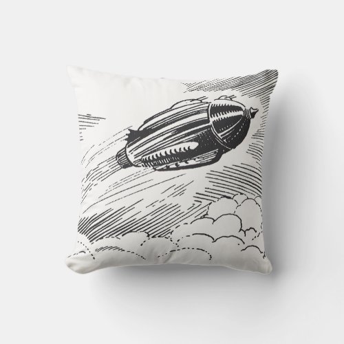 Vintage Science Fiction Spaceship Rocket in Clouds Throw Pillow