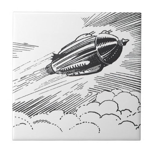 Vintage Science Fiction Spaceship Rocket in Clouds Tile