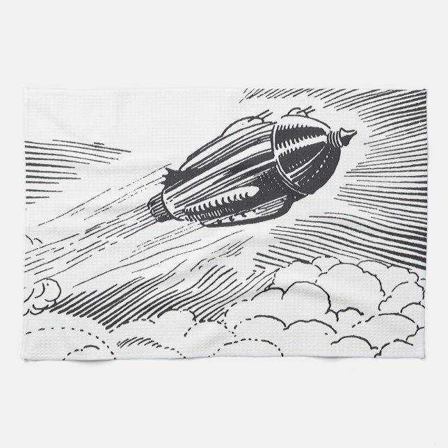 Vintage Science Fiction Spaceship Rocket in Clouds Towel (Horizontal)