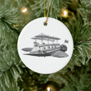 Vintage Science Fiction Steampunk Airship Eclipse Ceramic Ornament