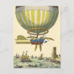 Vintage Science Fiction Steampunk Hot Air Balloon Postcard<br><div class="desc">Vintage illustration Victorian Science Fiction futuristic travel and transportation steam punk image. A hot air balloon (a dirigible) with wings flying over the ocean with ships. A castle is on land and a crowd of people are on the shore by the sea. A classic retro comic book sci fi design...</div>