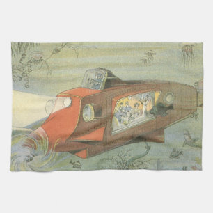 Vintage Science Fiction Steampunk Submarine in Sea Kitchen Towel