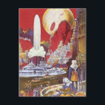 Vintage Science Fiction, the Lost City of Atlantis Postcard<br><div class="desc">Vintage illustration science fiction image featuring alien women looking over a futuristic city with a water fountain in the center, aliens with lizards for pets, Greek or Roman type architecture and a huge moon in the background. Could be the lost city of Atlantis! A classic comic book future retro sci...</div>