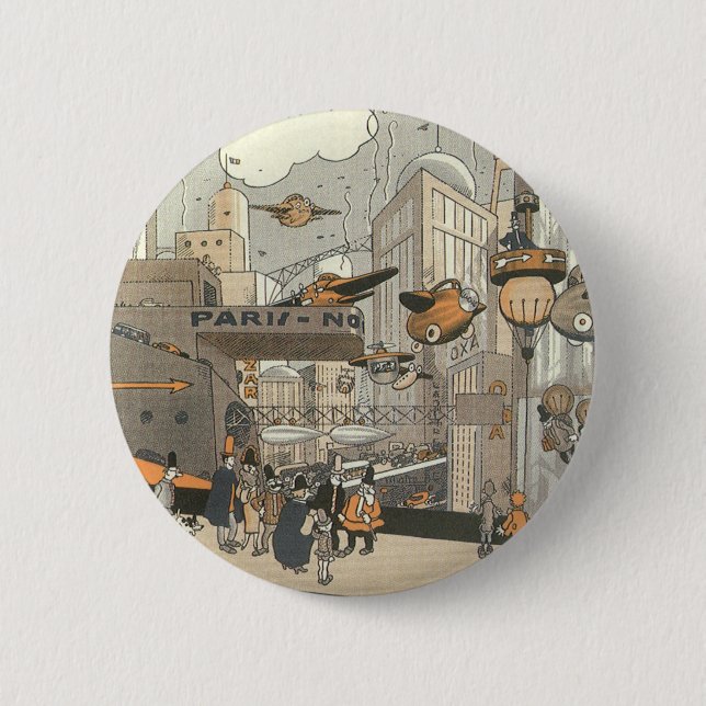 Vintage Science Fiction Urban Paris, Steam Punk Button (Front)