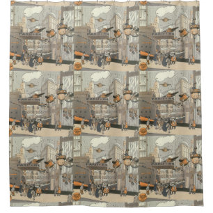 Vintage Science Fiction Urban Paris, Steam Punk Shower Curtain
