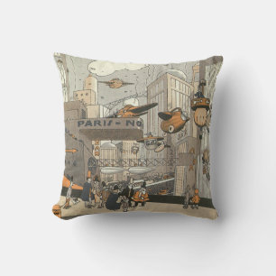 Vintage Science Fiction Urban Paris, Steam Punk Throw Pillow