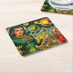 Vintage Science Fiction Woman Comics Square Paper Coaster