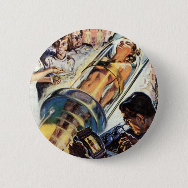 Vintage Science Fiction, Woman Lab Experiment Pinback Button (Front)