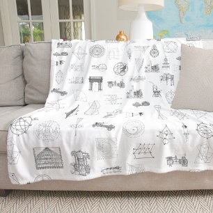 Vintage Science Illustrations Black White Pattern Fleece Blanket
