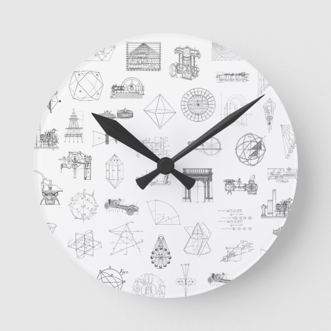 Vintage Science Illustrations Black White Pattern Round Clock (Front)