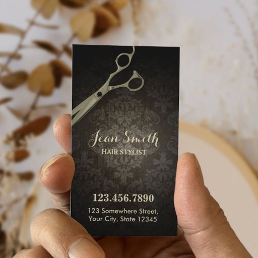 Customizable Vintage Scissor Damask Hair Stylist Business Card Template
