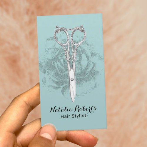Vintage Scissor  Flower Hair Stylist Mint Blue Business Card