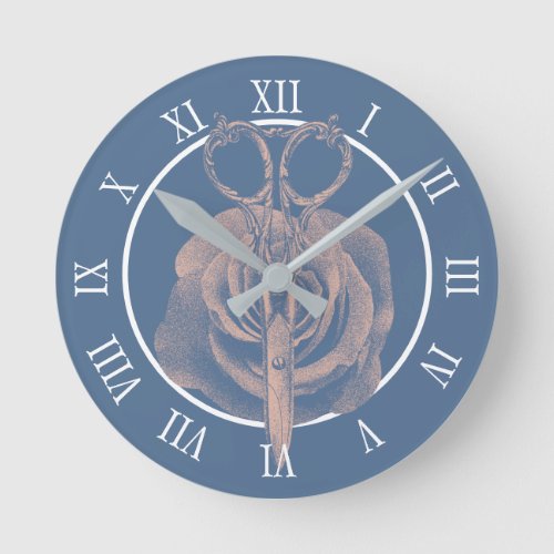 Vintage Scissor  Rose Flower Dusty Blue Salon Round Clock