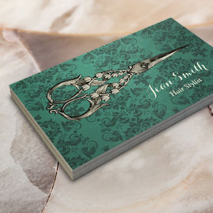 Vintage Scissor Teal Green Damask Hair Stylist Business Card