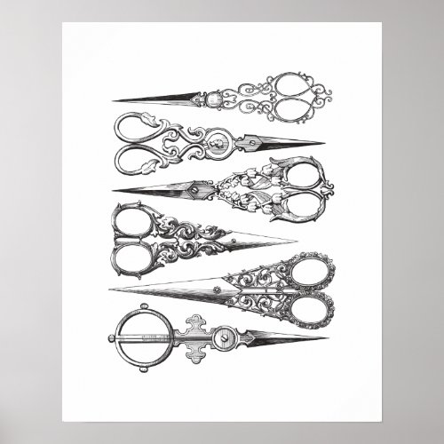 Vintage Scissors Elegant Black White Decorative Poster