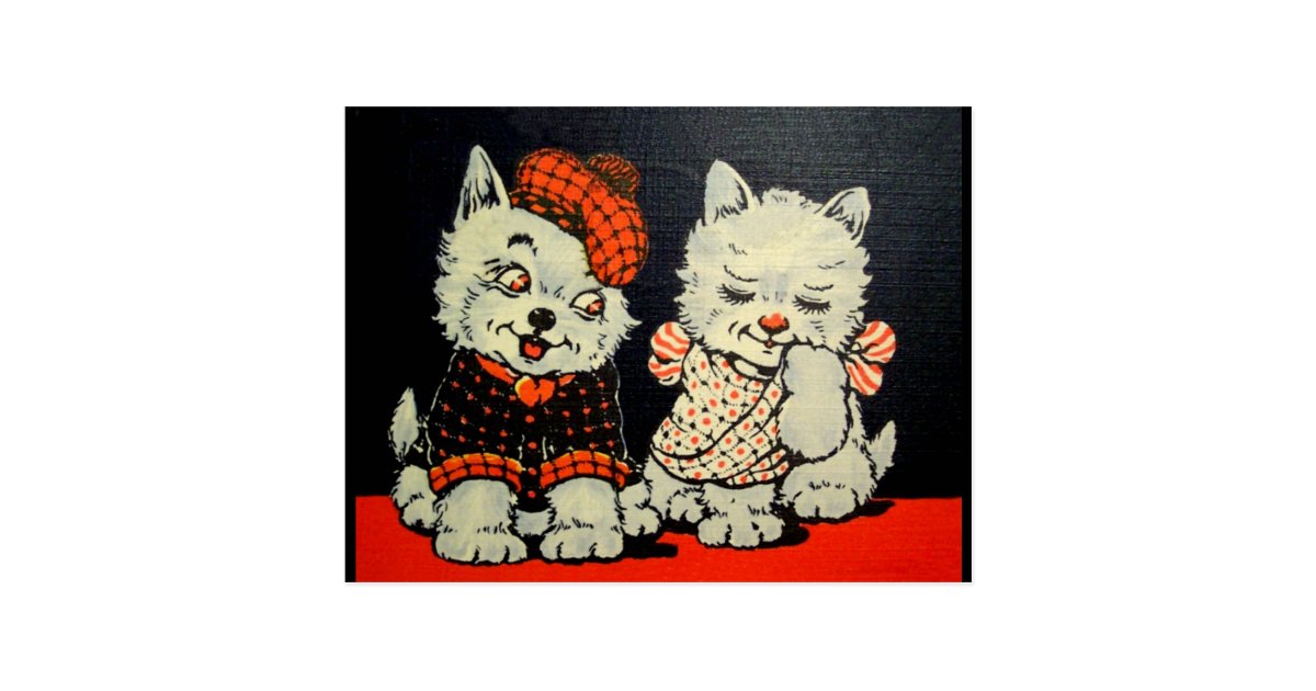 Vintage Scottie Dog And Cat Couple Red And Black