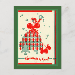 Vintage Scottie Dog and Lady Holiday Postcard
