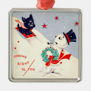 Vintage Scottie Dog and Snowman Metal Ornament