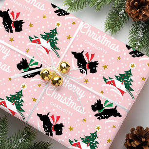 Vintage Scottie Dog Christmas Custom Name Pink Wrapping Paper