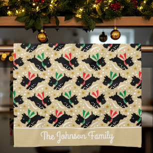 Vintage Scottie Dog Christmas Pattern Gold Kitchen Towel
