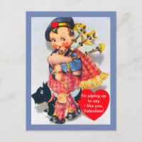 Vintage Scottish Bagpiper Valentine w/ Scotty Dog Holiday Postcard