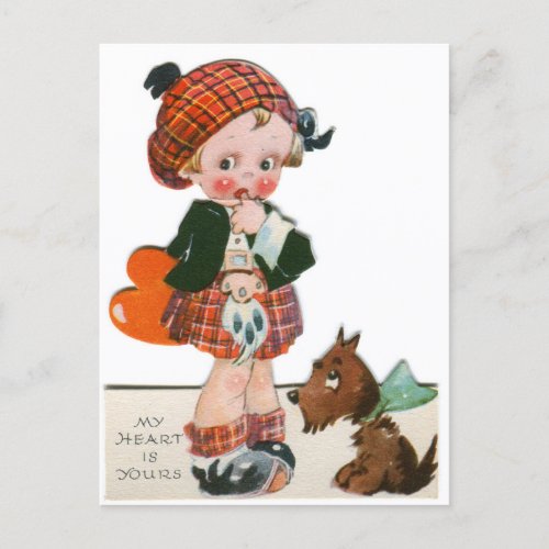 Vintage Scottish Child With Puppy Valentine Postcard