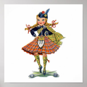 Vintage Scottish girl traditional dress Poster
