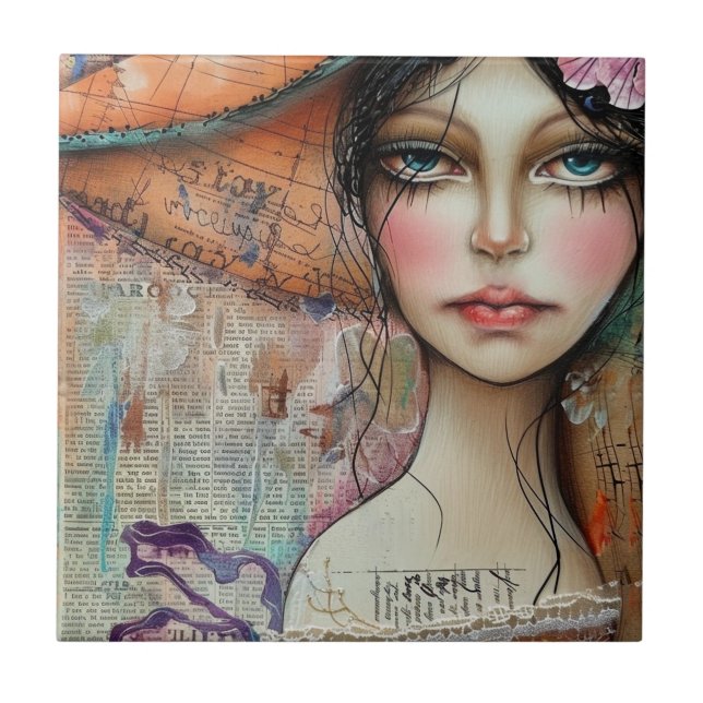 Vintage Scrapbook Collage Face (10) Ceramic Tile (Front)