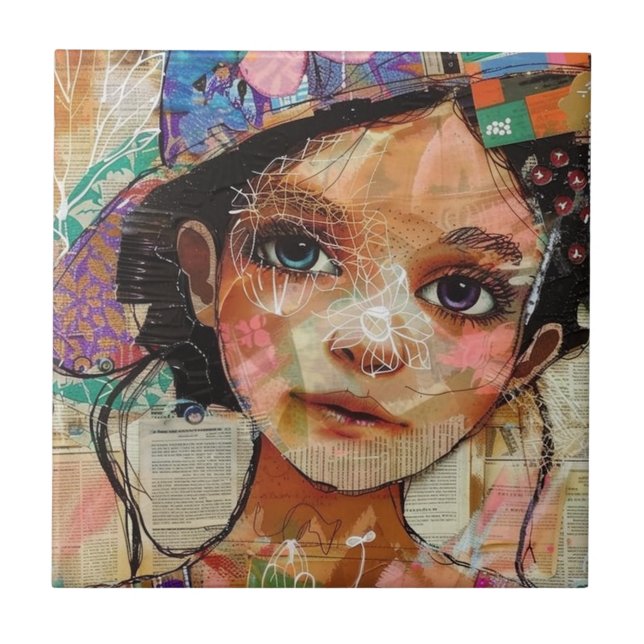Vintage Scrapbook Collage Face (1) Ceramic Tile (Front)