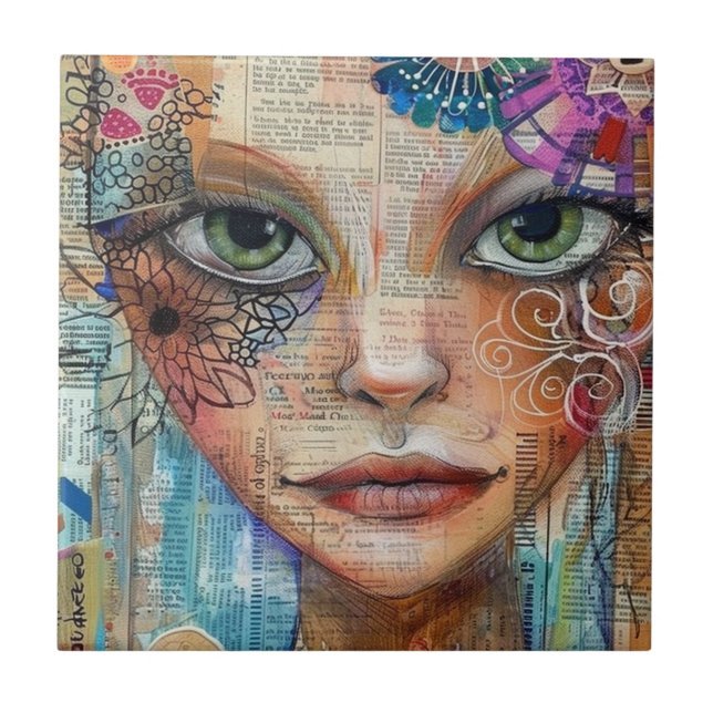 Vintage Scrapbook Collage Face (3) Ceramic Tile (Front)