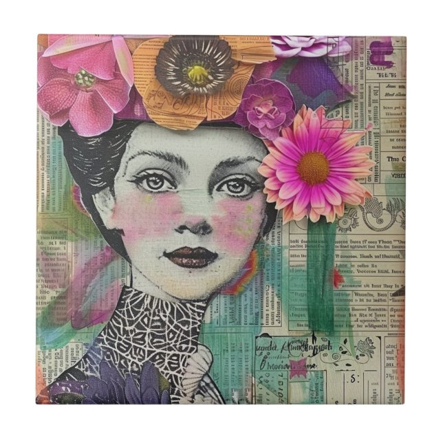 Vintage Scrapbook Collage Face (5) Ceramic Tile (Front)