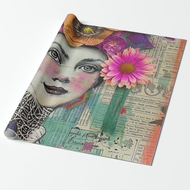 Vintage Scrapbook Collage Face (5) Wrapping Paper (Unrolled)
