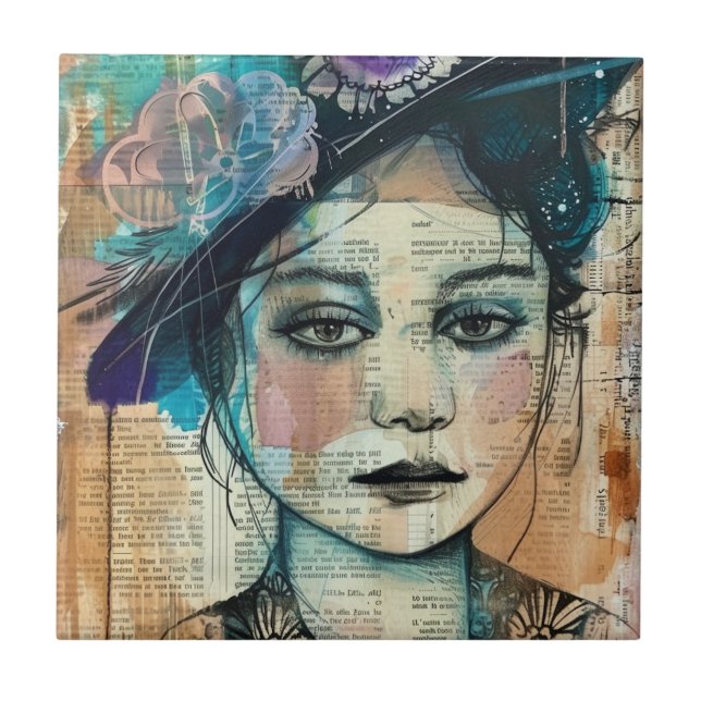 Vintage Scrapbook Collage Face (7) Ceramic Tile (Front)