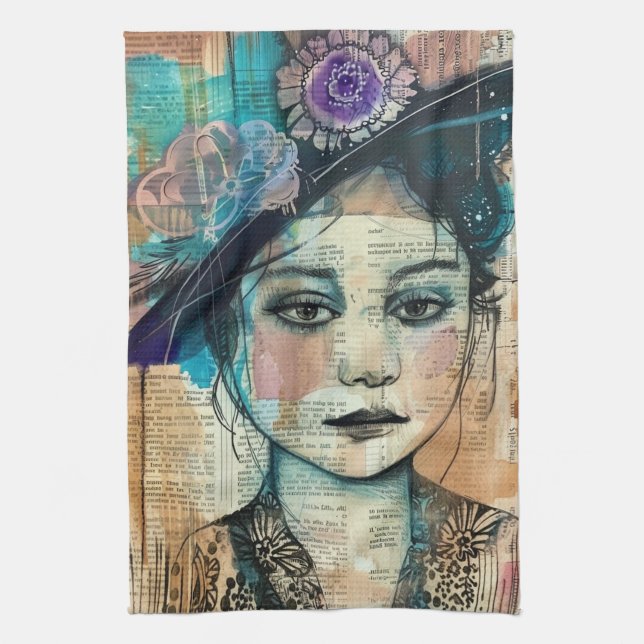 Vintage Scrapbook Collage Face (7) Kitchen Towel (Vertical)