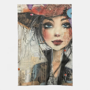 Vintage Scrapbook Collage Face (8) Kitchen Towel