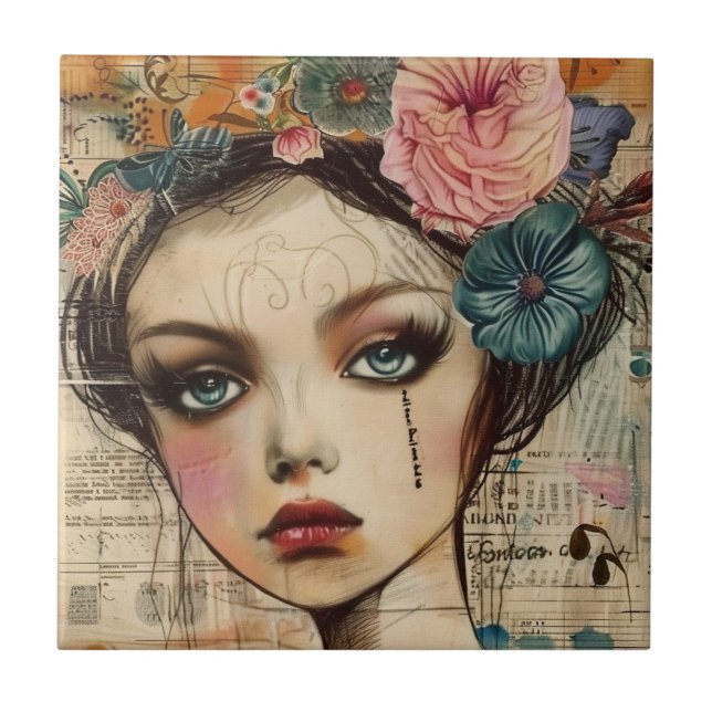 Vintage Scrapbook Collage Face (9) Ceramic Tile (Front)