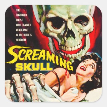 Vintage "screaming Skull" Movie Film Box Square Sticker by Vintage_Halloween at Zazzle