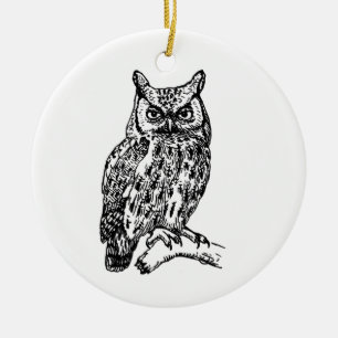 Vintage Screech Owl Illustration (Line Art) Ceramic Ornament