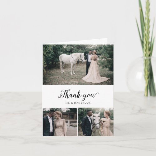 Vintage Script 3 Photo Collage Folded Wedding Thank You Card