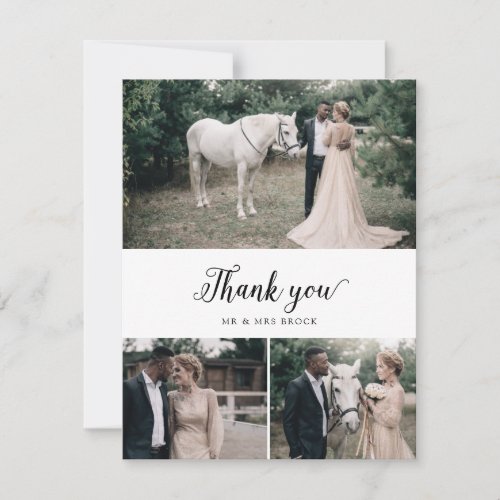 Vintage Script 3 Photo Collage Wedding Thank You Card