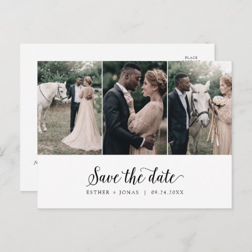 Vintage Script 3 Photo Save the Date Invitation Postcard