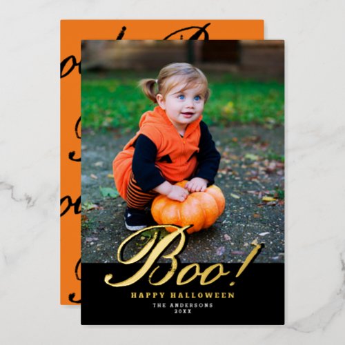Vintage Script Boo Halloween Photo Gold Foil Holiday Card
