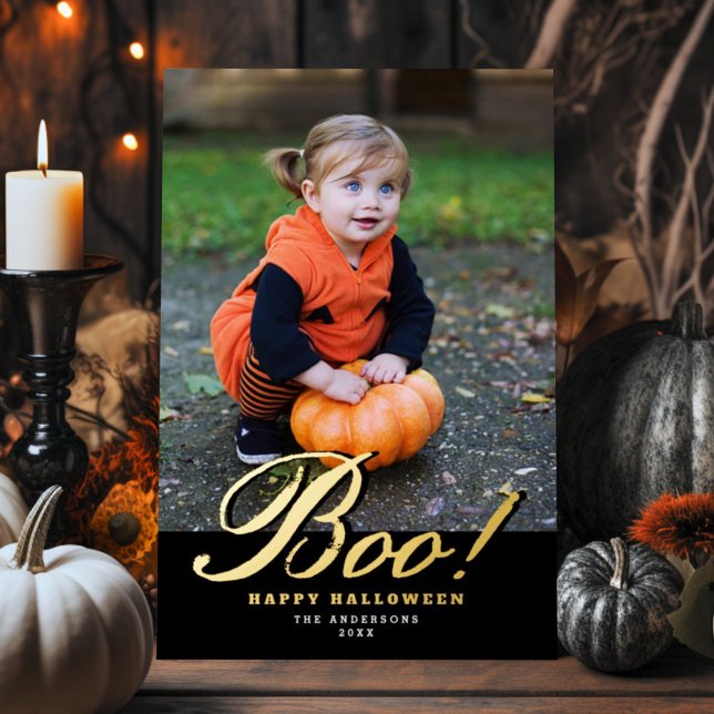 Vintage Script Boo! Halloween Photo Gold Foil Holiday Card (Creator Uploaded)