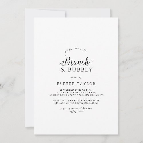 Vintage Script Brunch and Bubbly Bridal Shower Invitation