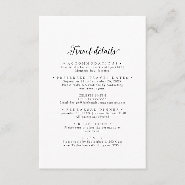 Vintage Script Destination Wedding Travel Details Enclosure Card (Front)