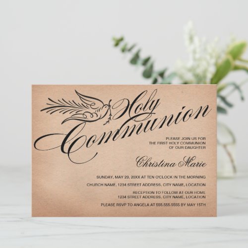 Vintage Script Dove and Cross First Holy Communion Invitation