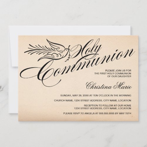 Vintage Script Dove and Cross First Holy Communion Invitation