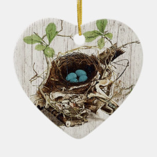 vintage script ephemera bird nest french botanical ceramic ornament