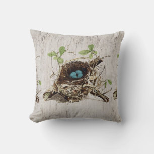 vintage script ephemera bird nest french botanical throw pillow